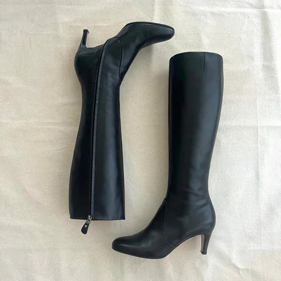 Salvatore Ferragamo | Knee-Length Heel Leather Boots - Sz US 9 / Dark Chocolate - Picture 2 of 12